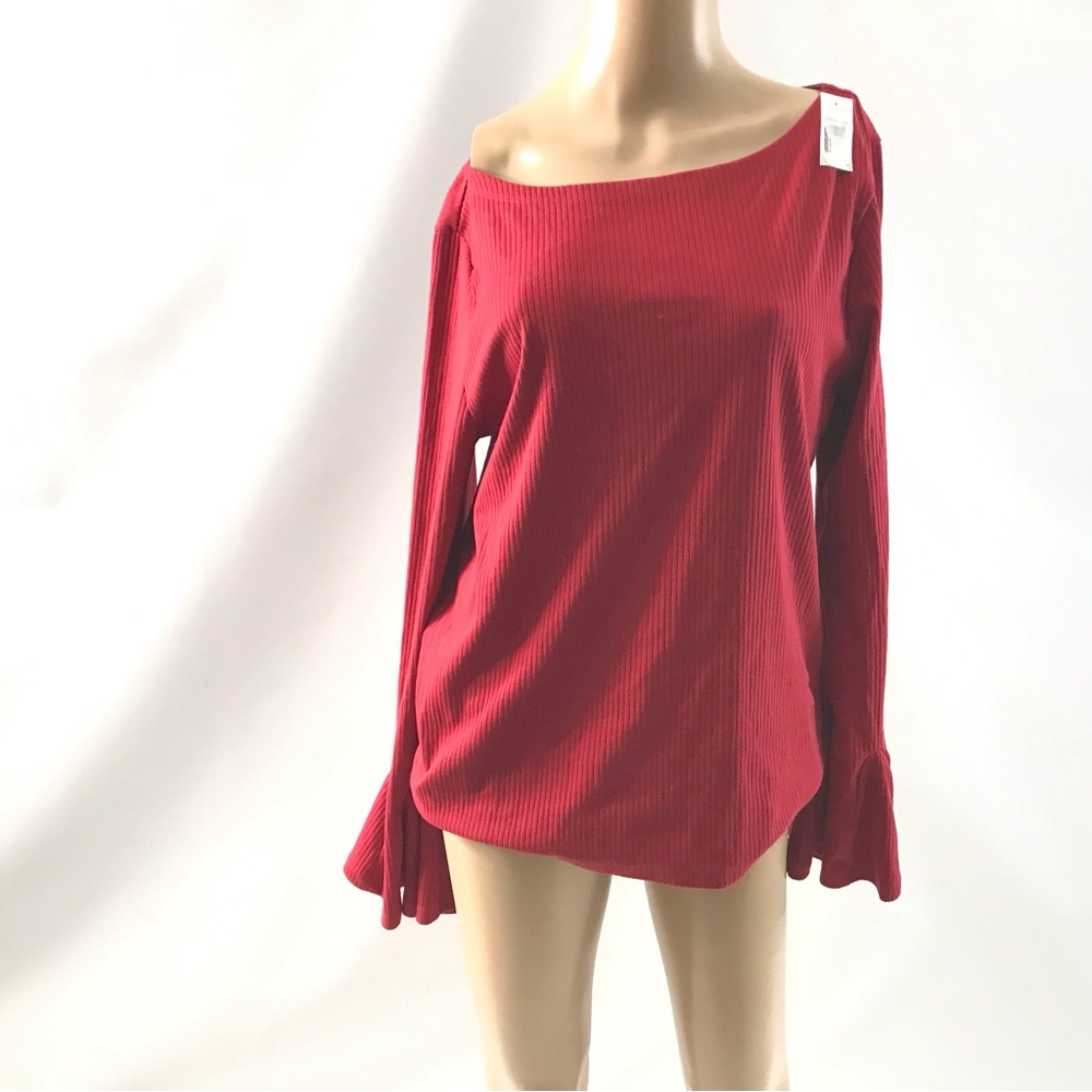 GAP Women's Rib Knit Long Sleeve T-Shirt XL Red Fluted Bell Sleeve Boat Neck Tee